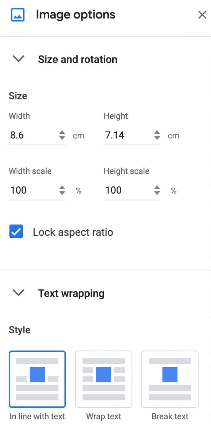 06_edit-signature_options - Online Tech Tips image options in Google docs showing how to change the size and rotation, text wrapping, and style - 06_edit-signature_options
